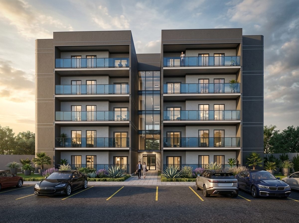 Render fotorrealista de fachada residencial multifamiliar ao entardecer