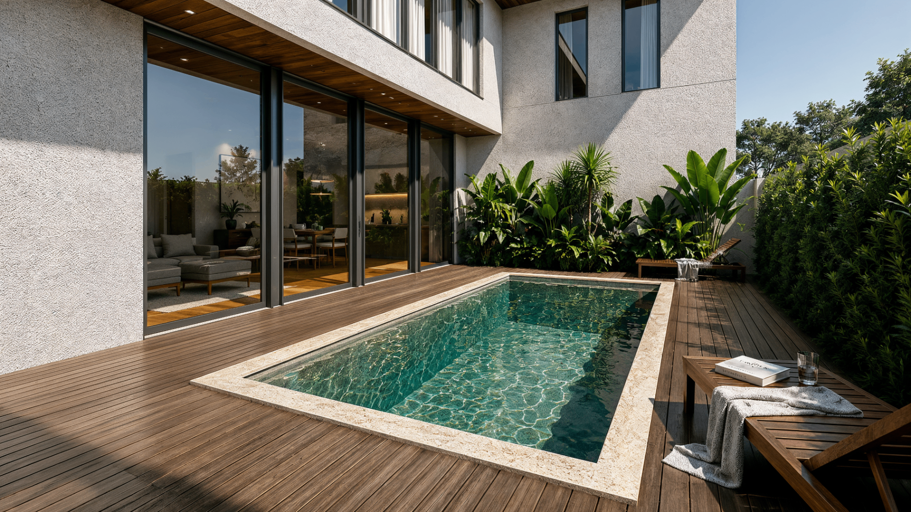 Render de área de lazer com piscina, deck de madeira e vegetação tropical